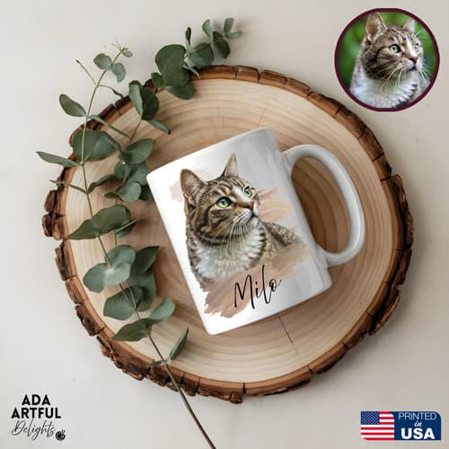 Custom pet portrait mug on a rustic wooden coaster, featuring a brown tabby cat named Milo.